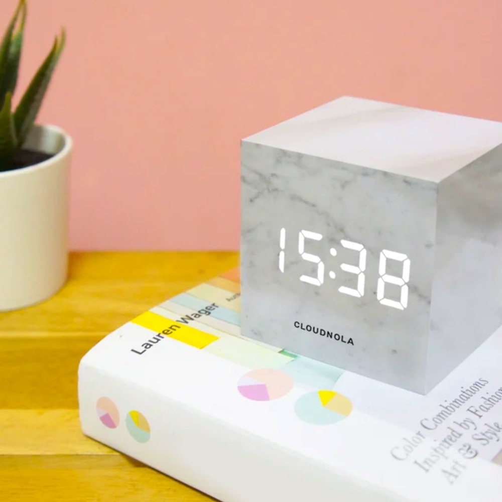 Block Clock Cube Alarm Clock Marble White Gray Cloudnola Bedroom College Dorm